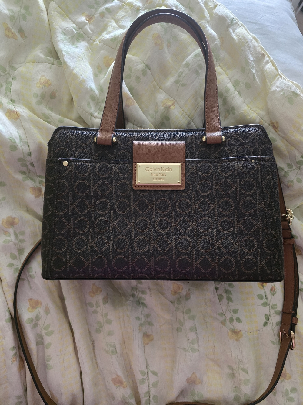 Calvin Klein Dark Brown Monogram Satchel with Tan Leather Trim